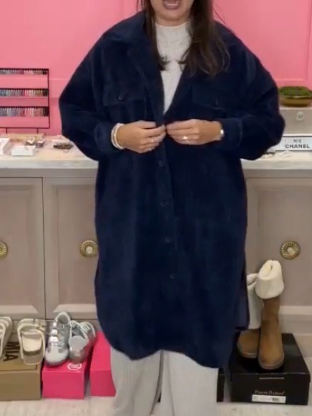 Oversized Navy Button-Front Shacket Long Coat. Medium.